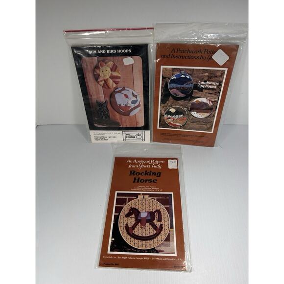 Lot 3 Vintage Applique Patterns Landscape Sun Bird Rocking Horse Hoop NEW - Picture 6 of 6